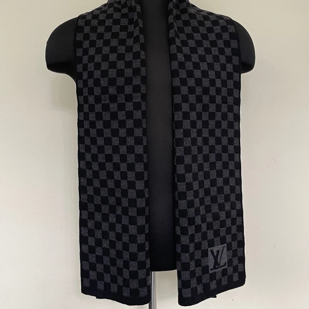 New Louis Vuitton Scarf Damier Wool Black Gray Scarf Wrap - Picture 4 of 9